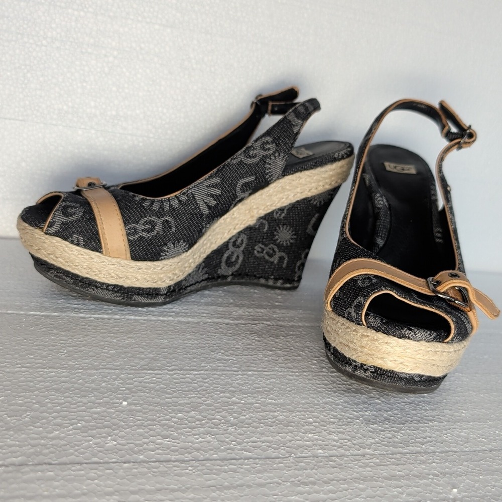 UGG Noella Size 7 Black Gray Denim Peep Toe Platform Wedge Slingback Sandals EUC